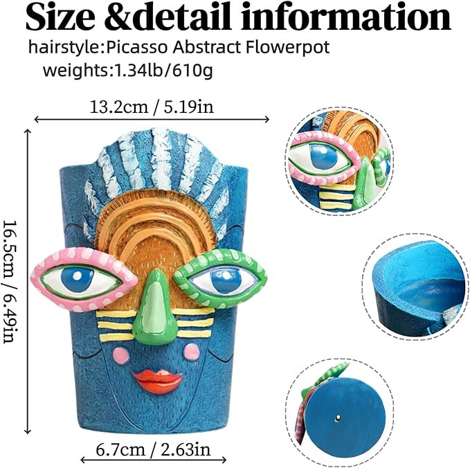 Picasso Abstract Face Flower Pot,Plant Pot with Facial Expressions,Handmade Resin Plant Pot with Drainage Holes,for Indoor and Outdoor Botanical Home décor (Blue Small)