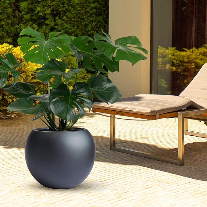 10 H x 14" Dia (10" Pot Opening) Round Fiberstone Planter with Drainage Hole, Black, Indoor/Outdoor Large Plant Pot for Home Patio Garden, Ideal for Large Plants
