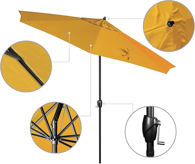California Umbrella 9' Rd Aluminum Patio Umbrella, Crank Lift, Auto Tilt, Black Finish, 4yr Fade Warranty, Yellow