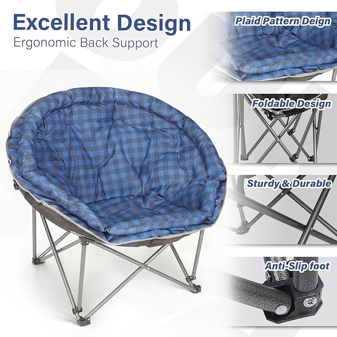 Oversized XXL Folding Round Camping Chair,Super Comfy Padded Moon Camp Chairs,Heavy Duty Supports 200 Kg Outdoor Lawn Chairs for Adults,Perfect for Indoor,Family Camping,Hiking,Picnics and Garden