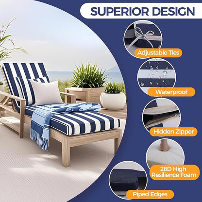 Outdoor Chaise Lounge Cushion - Waterproof & Fade Resistant Patio Lounger Cushions with Removable Cover for Pool, Deck, Lawn .70 x 22 x 4 Inch (Sapphire Blue Cabana Stripe)