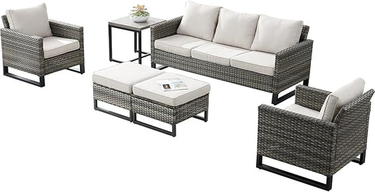 Rilyson Wicker Outdoor Patio Furniture Set - 6 Piece Patio Conversation Set with 2 Armrest Chairs,2 Rattan Ottoman,1 Couch and 1 Metal Side Table for Outside Porch Deck Backyard(Mixed Grey/Beige)