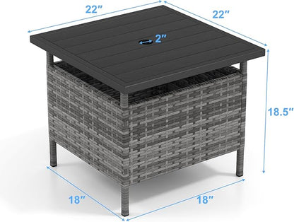 Giantex Umbrella Table, Outdoor Side Table with 2" Umbrella Hole, Rattan Umbrella Stand Holder, Heavy Duty Metal Frame, Patio Bistro Table for Deck Garden Poolside, Mix Gray (HDPE Tabletop)