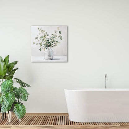 Eucalyptus Hand painted Canvas Wall Art, Eucalyptus Plant Painting Art Decor,Sage Green Botanical Canvas Print,Bathroom Pictures Rustic Wall Decor.Nature Flower Painting Artwork for Bedroom 12"x12"