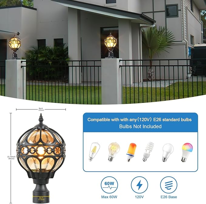 Soccer Ball Outdoor Post Light for Lawn Porch Yard Driveway, Black Globe Outside Pier Mount Post Light Fixtures, Waterproof Sphere Lamp Post Light, Exterior Pole Mount Light(Large,1 Pack)