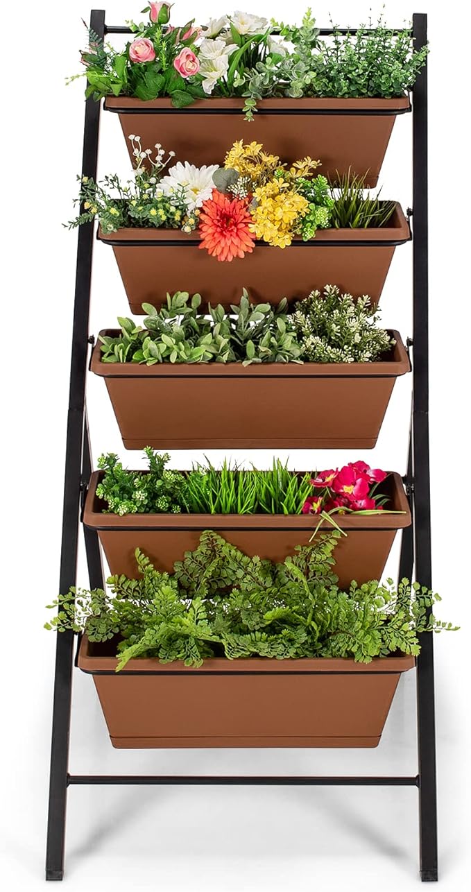 Giantex Vertical Planter Raised Bed, Elevated Garden Beds with Water Drainage Hole, Freestanding 5 Container Boxes for Herb Vegetables Flowers Growing, Outdoor Indoor Patio Balcony (Brown, 1)
