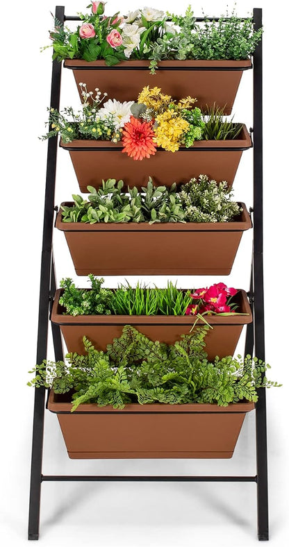 Giantex Vertical Planter Raised Bed, Elevated Garden Beds with Water Drainage Hole, Freestanding 5 Container Boxes for Herb Vegetables Flowers Growing, Outdoor Indoor Patio Balcony (Brown, 1)