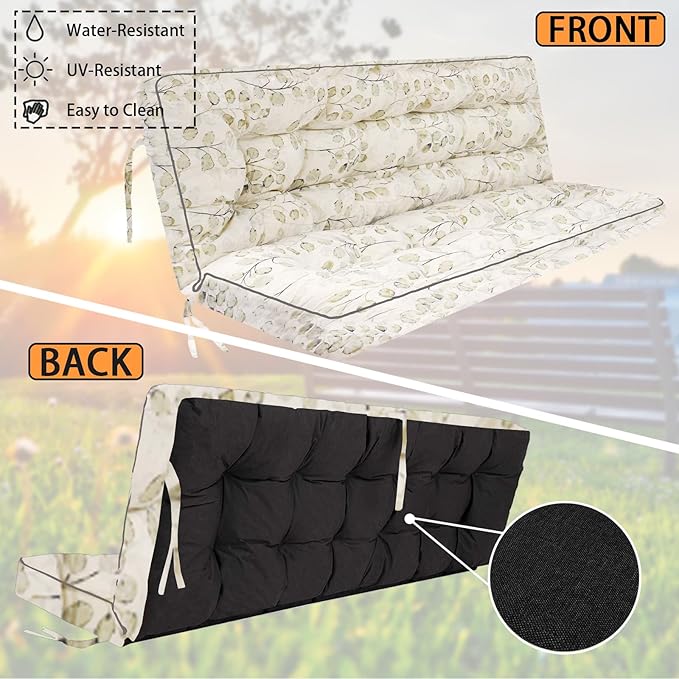 Swing Replacement Seat Cushions, 2-3 Seater Bench Cushions for Outdoor Furnitur with Backrest, Garden Recliner Seat Cushions Waterproof Sofa Pads (White Leaves, 63x40in)