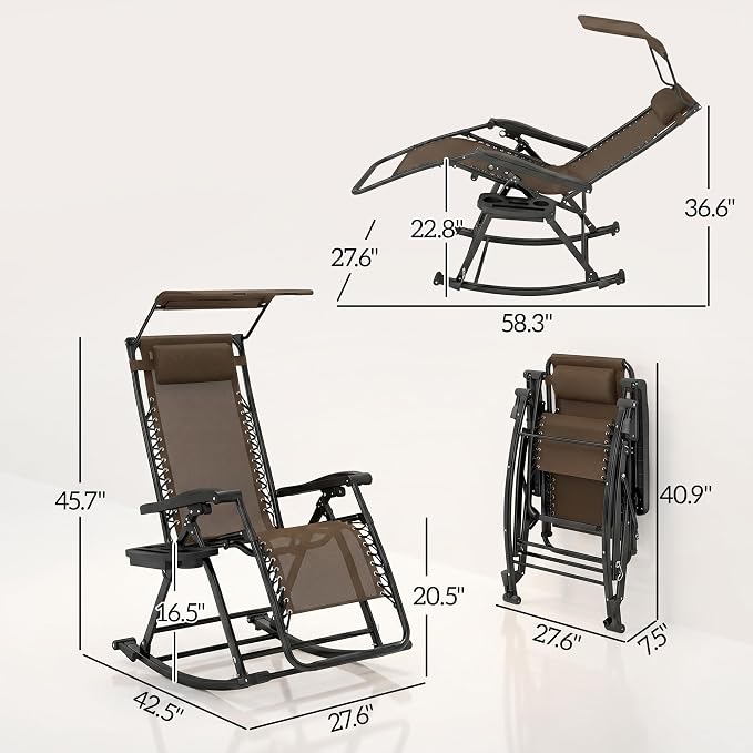 Outsunny Outdoor Rocking Chairs, Foldable Reclining Zero Gravity Lounge Rocker with Pillow, Cup & Phone Holder, Combo Design with Folding Legs, Brown