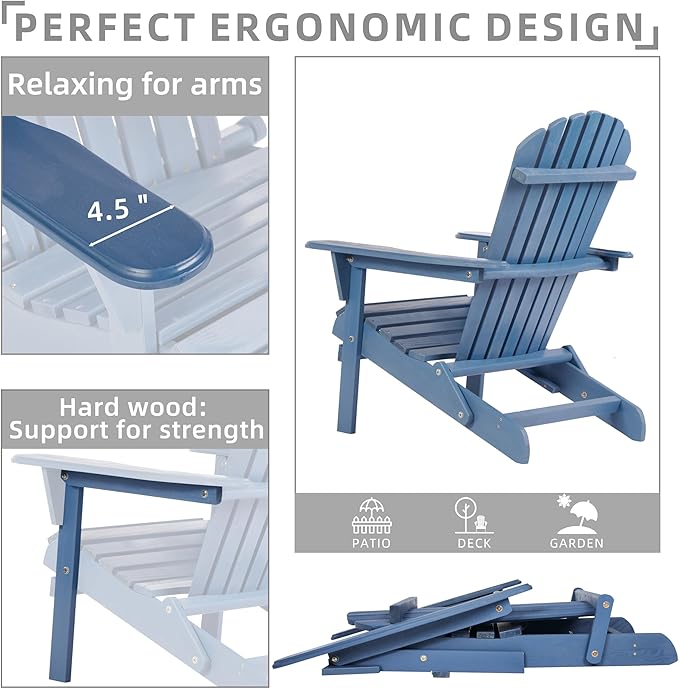 Outdoor Wooden Folding Adirondack Chair Set of 2 with Pre-Assembled BackRest, Wood Patio Chair for Garden Backyard Porch Pool Deck Firepit