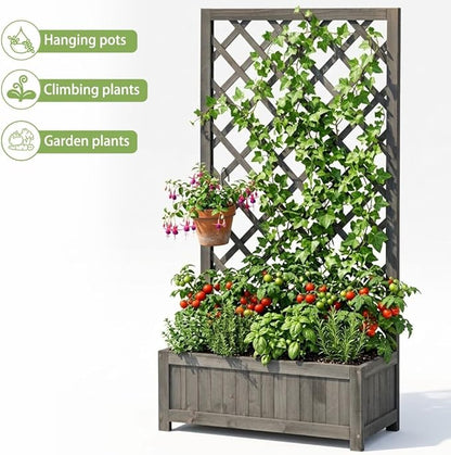 Wooden Raised Garden Bed with Trellis, 47" Outdoor Planter Box for Climbing Plants, Vertical Modern Gray Garden Planter for Vegetables, Flowers & Vines, Lattice Plant Support for Patio Yard Balcony