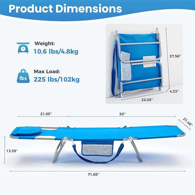 DUMOS Lounge Chair Outdoor, Beach Tanning Chair with Face Hole, Blue | 5-Position Adjustable Sunbathing Tanning Chair, Foldable Portable Chaise Lounge by Pool Patio Lawn Camping Reading, Arm Hole