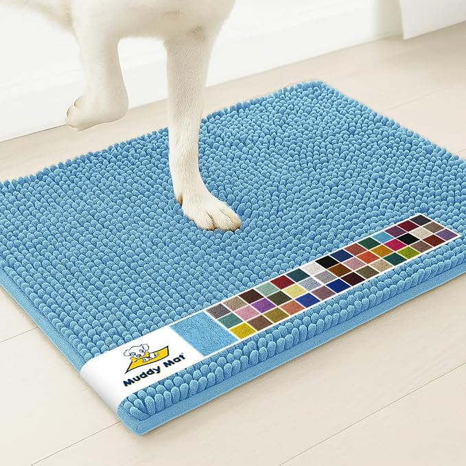 Muddy Mat® | Super Water Absorbent Door Mat Indoor, Microfiber Quick Dry Chenille Entryway Rug, Slip Resistant Front Door Mat, Indoor Mats for Entryway, Machine Washable Pet Rug, Sky Blue 20" x 48"
