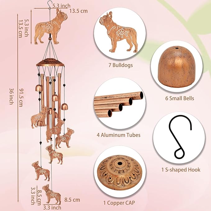 Bulldog Dog Wind Chimes for Outside,Metal Windchimes,Bulldog Dog Gifts for Women/Men,Wind Chime Garden Decor Outdoor,Memorial/Housewarming/Birthday/Festival Gifts,Front Yard Decor