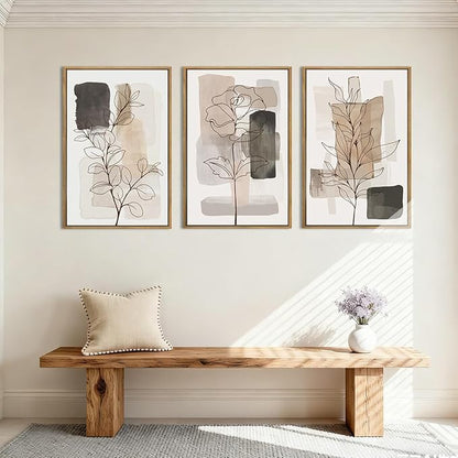 Anyzal Large Framed Neutral Floral Wall Art 16x24 Inch Tan Modern botanical Canvas Wall Decor Minimalist Black Flower Prints for Living room Bedroom Dining room Set of 3