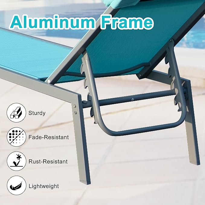 Domi Patio 3 Pieces Aluminum Textilene Chaise Lounge Set with Side Table Outdoor, Adjustable Back and Pillow for Yard Garden Sunbathing for All Seasons, Lake Blue