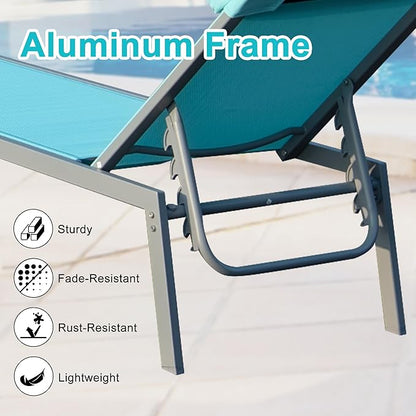 Domi Patio 3 Pieces Aluminum Textilene Chaise Lounge Set with Side Table Outdoor, Adjustable Back and Pillow for Yard Garden Sunbathing for All Seasons, Lake Blue