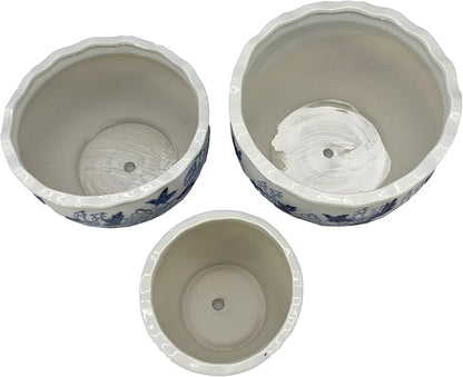 Galt International Blue & White Round Floral Porcelain Ceramic Plant Flower Planter Pot Set of 3 (8", 10", 12") Garden Pots Chinese Asian Design