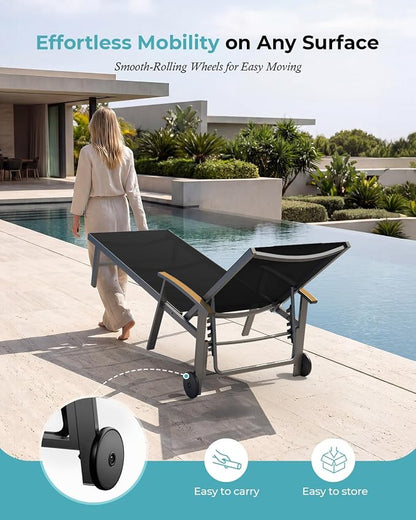Ciokea Outdoor Lounge Chair with Pillow, 5-Position Aluminum Chaise Lounge with Wheels & Armrests, 400 lbs Heavy Duty Patio Pool Chair for Backyard, Deck, Beach & Poolside (Black)