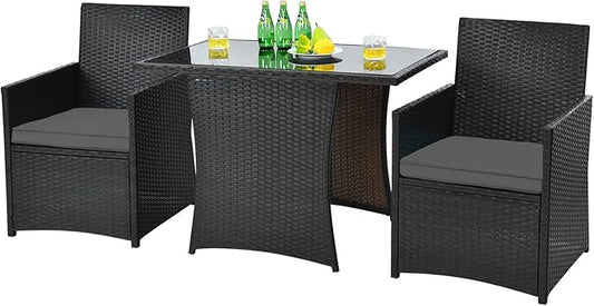HAPPYGRILL 3 Piece Outdoor Wicker Bistro Set PE Rattan Dining Table Set with Cushioned Chairs, Patio Conversation Set for Backyard Porch Garden and Poolside