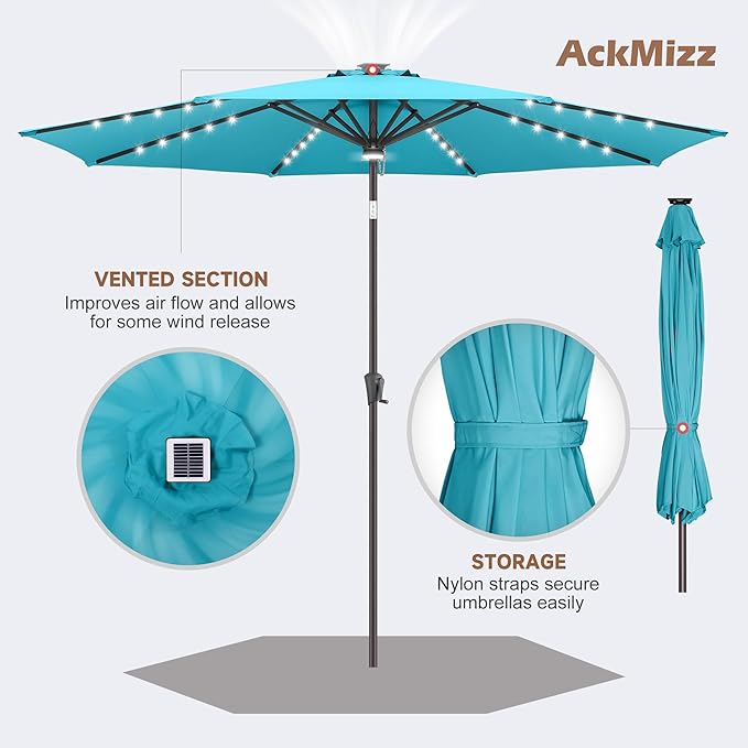 10ft Solar Umbrella Outdoor - Lighted Patio Umbrella with 40 LED Lights Waterprool Uv Protection, Table Umbrella with Tilt & Crank for Pool, Porch, Garden, Deck, Backyard(Sky Blue)