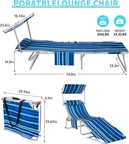 #WEJOY 3 in 1 Tanning Chair with Face Hole & Canopy, 300 lbs Heavy Duty 5 Positions Folding Face Down Lounge Chairs Outdoor with Pillow & Storage Bag Portable for Pool Beach Lawn Camping (Blue White)