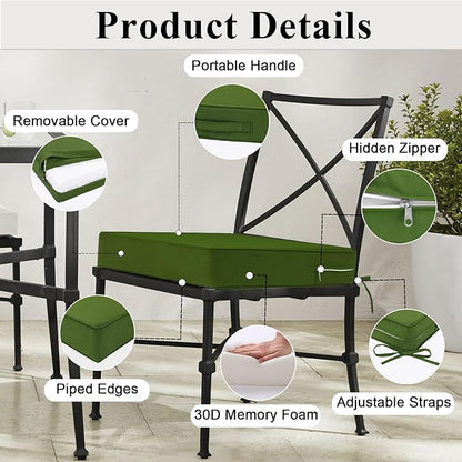 Outdoor Chair Cushions 24x24x4 Inch, Waterproof Green Patio Furniture Cushions Set of 2 with Ties & Handle, 3 Year Color Fastness Square Replacement Seat Cushions for Sofa, Couch