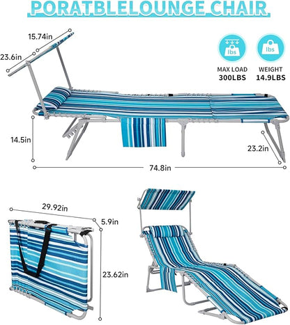 #WEJOY 3 in 1 Tanning Chair with Face Hole & Canopy, 300 lbs Heavy Duty 5 Positions Folding Face Down Lounge Chairs Outdoor with Pillow & Storage Bag Portable for Pool Beach Lawn Camping (Bluestrips)