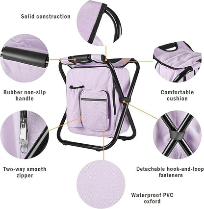 Kikerike Backpack Stool Cooler Chair Heavy Duty 300 LBS Max Load Portable Lightweight Stool Backpack Folding Fishing Cooler Seat for Camping Hunting Fishing - Pale Amethyst
