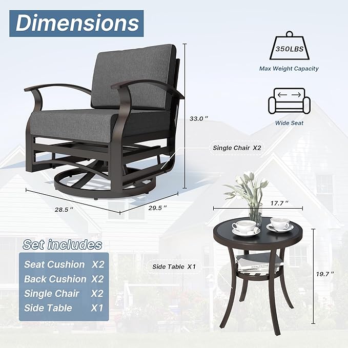 Kurapika 3 Pieces Patio Furniture Set, Outdoor Aluminum Swivel Gliders Rocker, Patio Bistro Set Rocking Chair with Thickened Cushions and Tempered Glass Side Table for Porch Garden Deck (Black)