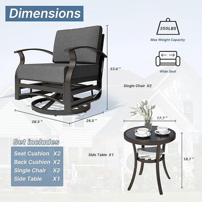 Kurapika 3 Pieces Patio Furniture Set, Outdoor Aluminum Swivel Gliders Rocker, Patio Bistro Set Rocking Chair with Thickened Cushions and Tempered Glass Side Table for Porch Garden Deck (Black)