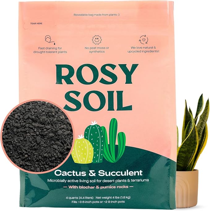 Rosy Soil Cactus & Succulent Potting Mix, 4qt | Organic Succulent Potting Soil, Chunky Fast Draining, Peat-Free, Root Boosting Mix, for AloeVera, Cacti, Indoor Succulents