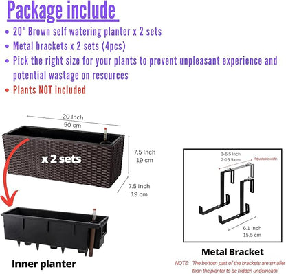 LaLaGreen Outdoor Rail Planter for Balcony (20 Inch, 2 Pack) Large Black Self Watering Railing Planters with Brackets, Rectangular Plastic Window Flower Box Fence Designer Choice with Rattan Pattern
