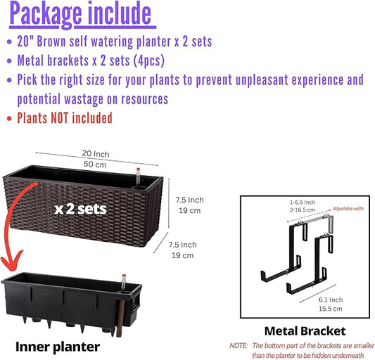 LaLaGreen Outdoor Rail Planter for Balcony (20 Inch, 2 Pack) Large Black Self Watering Railing Planters with Brackets, Rectangular Plastic Window Flower Box Fence Designer Choice with Rattan Pattern