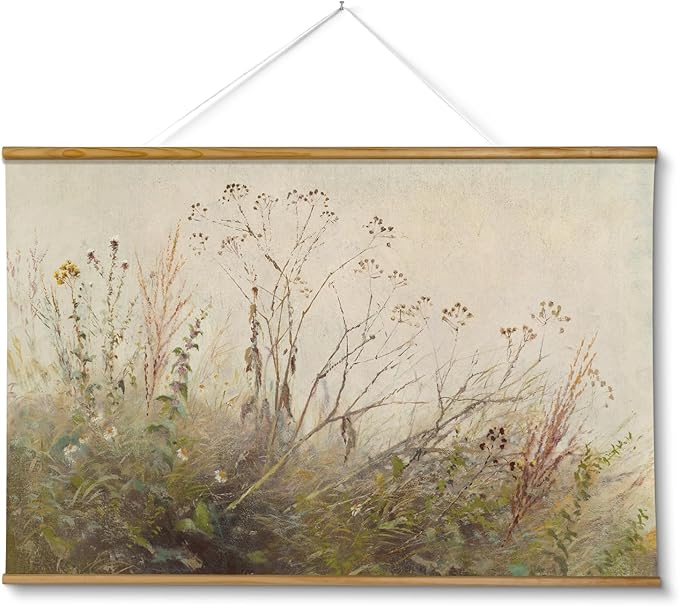 ARPEOTCY Extra Large Vintage Framed Wall Art, 36x54 Inch Farmhouse Retro Wildflower Field Botanical Landscape Hanging Wall Art, Rustic Canvas Home Decor Aesthetic for Living Room Bedroom Office