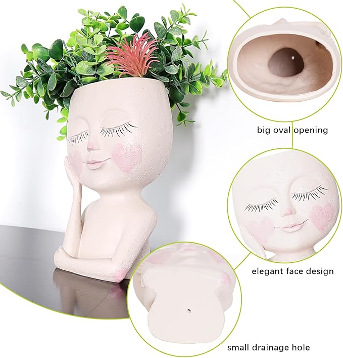 Large Face Flower Pot Head Planter for Indoor and Outdoor Cute Plant Pots with Drainage Hole Resin Cactus Plant Holder Succulent Pots for DIY