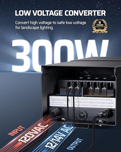 DEWENWILS 300W Low Voltage Landscape Transformer, 2 Zone Independent Control, 120V to 12V/14V AC, Outdoor Landscape Lighting Transformer with Timer & Photocell Sensor, Weatherproof