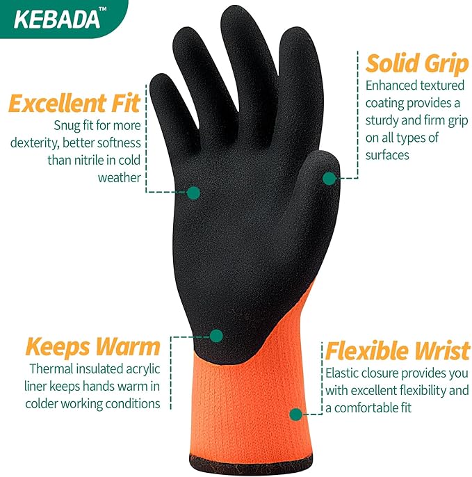 Kebada T3 Winter Work Gloves for Men and Women, Warm Knit Cold Weather Work Gloves, Thermal Insulated Freezer Gloves, 100% Latex Coating Non-slip Grip, Long Wrist Design, 1 Pair, Orange, Large