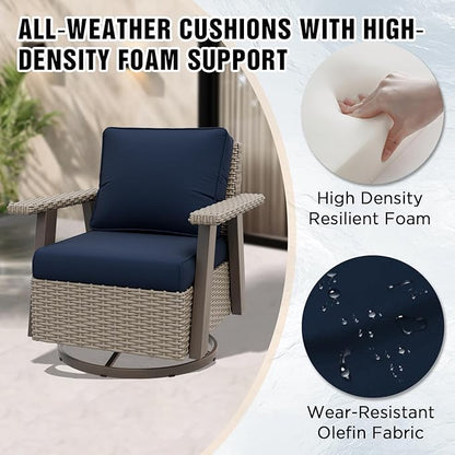 EAGLE PEAK Classic Wicker Patio Bistro Set of 3, Outdoor Patio Furniture with 360° Swivel Rocker Chair and Side Table, Lounge Set for Porch, Deck, or Balcony, Beige/Dark Blue