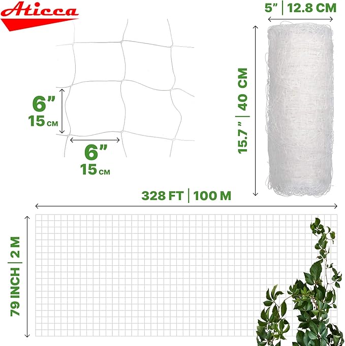 ATICCA Plastic Trellis Netting 79" x 328 ft Heavy Duty Plant Support Netting White - 6 Inch Garden Trellis on Roll - Mesh for Growing Vine Climbing Plants, Flowers, Peas, and Cucumber