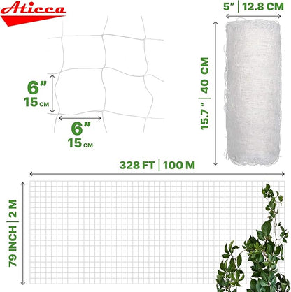 ATICCA Plastic Trellis Netting 79" x 328 ft Heavy Duty Plant Support Netting White - 6 Inch Garden Trellis on Roll - Mesh for Growing Vine Climbing Plants, Flowers, Peas, and Cucumber