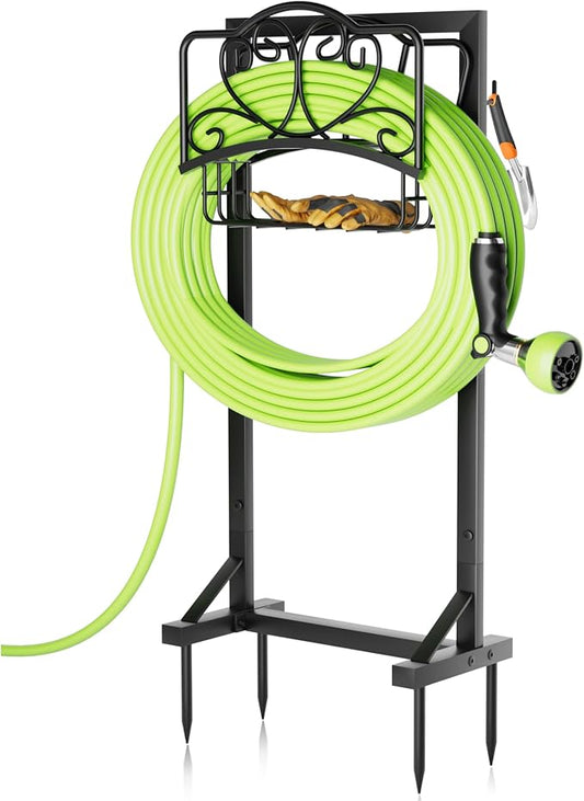 Stable Garden Hose Holder with Storage Basket and Tool Hooks, Heavy-Duty Garden Hose Storage Metal Hose Hanger Holds 160Ft, Rustproof Freestanding Water Hose Holder for Outside,Yard,Lawn,Farm