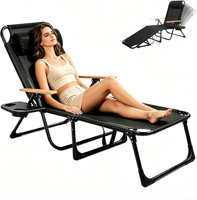 Foldable Chaise Lounge Chair Outdoor, Tanning Chair with 4-Position Reclining Back, Folding Sun Lounger, Outdoor Lounge Chair for Beach, Poolside, Backyard, Camping, UPF 50+, 300 LBS