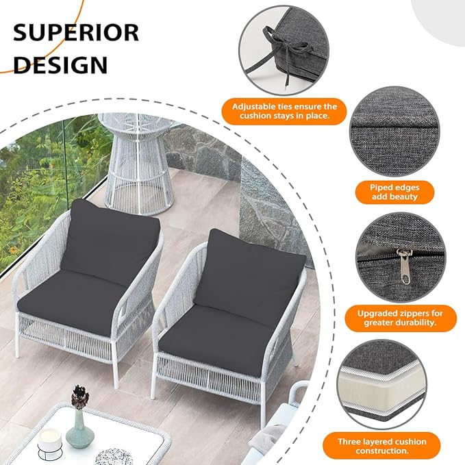 Sundale Outdoor Olefin Deep Seat Cushion, Patio Chair Cushion and Pillow, Water-Resistant Sectional Sofa Pad with Straps Medium Gray, 24 x 24 x 4 Inches