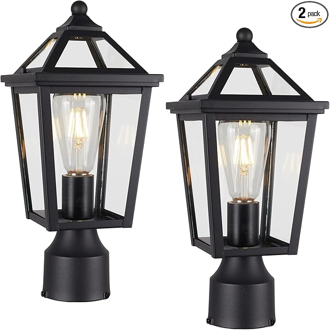 Colonial Outdoor Post Light Fixture,Modern Exterior Pillar Lantern with Black Finish & Clear Glass, Pole Light for Garden, Backyard, Courtyard, Patio, Pathway,RZ-032P-2 BK