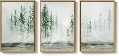 Framed Green Abstract Landscape Wall Art for Living Room, Large 3 Piece Neutral Forest Tree Canvas Artwork for Walls, Modern Wall Art Decor Nordic Painting Picture Prints for Hallway Office 24x36 Inch