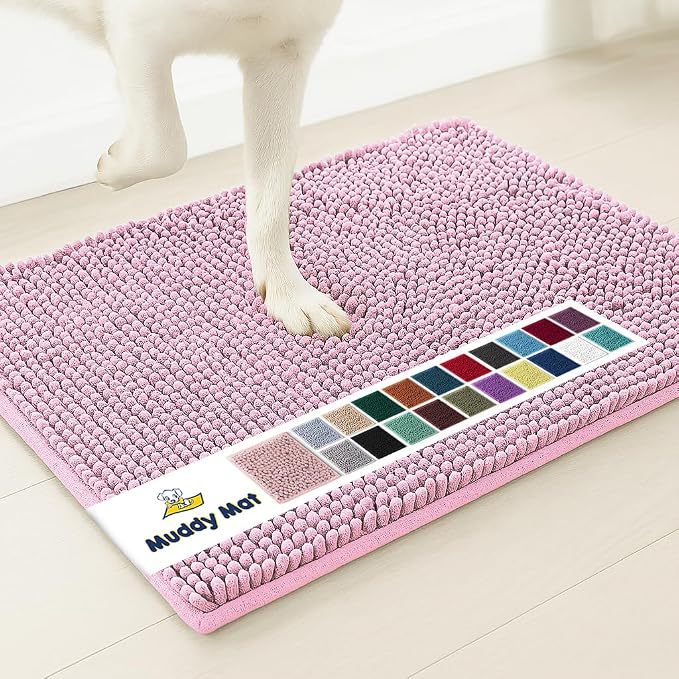 Muddy Mat® | Super Water Absorbent Door Mat Indoor, Microfiber Quick Dry Chenille Entryway Rug, Slip Resistant Front Door Mat, Indoor Mats for Entryway, Machine Washable Pet Rug, Pink 16"x24"