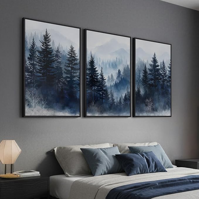 Framed Blue Forest Mountain Wall Art for Living Room, Misty Pine Tree Nature Landscape Canvas Artwork for Walls, Neutral Foggy Forest Scenic Painting Prints for Bedroom Office Wall Decor, 24x36 Inch