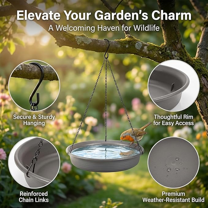 Hanging Bird Bath Bird Feeder - Bird Bath for Outside Outdoors Hanging with Tray Bowl Water Feeder, Garden Bird Bath 2-in-1 Bird Feeder Bath, Durable PP Bird Bath Bowl for Garden Patio Backyard Decor