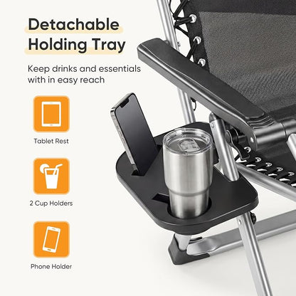NEWBULIG Set of 2 Zero Gravity Chair, Folding Patio Recliner with Removable Cushion & Cup Holder Trays, Portable Lounge Chair for Beach & Camping, Classic Gray